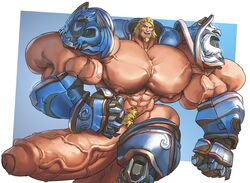 abs armor armored balls bara beard blizzard_entertainment blonde_hair boner erection facial_hair human hyper hyper_balls hyper_genitalia hyper_muscles hyper_penis long_hair looking_at_penis looking_down male male_only muscles muscular muscular_male nipples open_mouth overwatch partially_retracted_foreskin penis pubic_hair reinhardt remert shirtless solo uncut vein veins veiny_arms veiny_muscles veiny_penis young