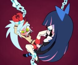 blue_hair blush bound chains clothed_sex drooling futa_on_female futanari glasses kneesocks_daemon miscon panties_aside panty_&_stocking_with_garterbelt pussy_juice spread_legs stocking_anarchy sweat tagme vaginal