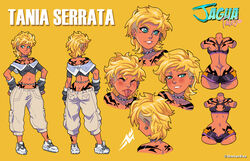 1girls ass_cleavage belly_chain blonde_hair blue_eyes butt_crack character_sheet darkereve jagua_tales model_sheet piercings short_hair small_breasts tagme tan tan_skin tania_serrata tattoos white_shoes