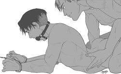 2boys anal arched_back ass attack_on_titan ball_gag bare_arms bare_ass bare_back bare_shoulders black_hair black_hair_bottom blonde_hair blonde_hair_on_black_hair blonde_hair_top bondage doggy_style domination drool erwin_smith gag gagged gay hand_on_hip handcuffed handcuffs human human_only jockey_position levi levi_ackerman light_hair_on_dark_hair male male/male male_on_male male_only monochrome nude nude_male saliva shingeki_no_kyojin source_request tngs undercut white_background yaoi