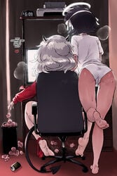 2girls ass azazel_(helltaker) black_hair demon demon_girl demon_horns demon_tail facing_away female female_only halo haraya helltaker masturbation modeus_(helltaker) monster_energy_drink no_pants panties panties_around_leg pussy_juice red_panties straight_hair sweat tail wet_panties white_hair white_panties