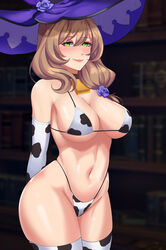 1girls 2021 alternate_version_available belly_button big_breasts bikini cawfield cow_bikini cow_print cowbell genshin_impact green_eyes lisa_(genshin_impact) solo solo_female tagme thick thick_thighs year_of_the_ox