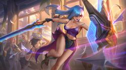 bare_midriff battle_academia_leona battle_academia_series breasts characters_in_the_background cleavage clothed fighting_stance high_heels league_of_legends leona_(league_of_legends) long_hair paper_airplane richtofen shield spaghetti_strap sword tagme