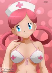 1girls blue_eyes bra breasts female female_only front-tie_bra hair_rings human human_female mostly_nude nintendo nurse nurse_cap nurse_joy nurse_joy_(unova) pink_hair pokemon solo zel-sama