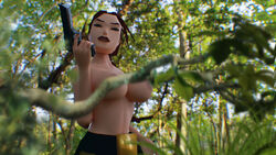 1girls 3d athletic belt big_breasts breasts brown_eyes brown_hair busty casual eyelashes female female_focus female_only firearm gun handgun hourglass_figure human lara_croft lara_croft_(classic) large_breasts long_hair navel no_eyewear nudity pinup pistol pose posing shy-hentai solo thick_lips tomb_raider topless weapon wide_hips