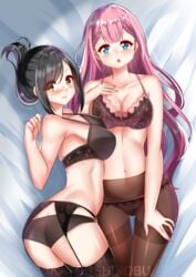 2girls ass bed bed_sheet blush bokutachi_wa_benkyou_ga_dekinai bra crossover embarrassed fanart female female_only female_teacher garter_straps katoushinobu katoushinobu045 kirisu_mafuyu_(bokuben) kojima_kana_(nande_koko_ni_sensei_ga!?) light-skinned_female light_skin long_hair looking_at_viewer mostly_nude nande_koko_ni_sensei_ga!? panties panties_under_pantyhose pantyhose stockings teacher underwear white_bed_sheet