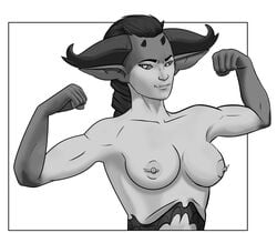 braid breasts fangs female horn horns long_hair muscular nipple_piercing nipples pixzuri pointy_ears presenting smile