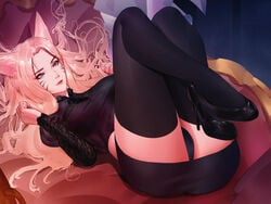 ahri amisha blonde blonde_hair blue_eyes female female_only heels k/da_ahri k/da_series league_of_legends long_hair panties skirt stockings tagme thighhighs