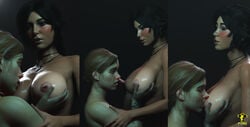 2girls 3d athletic athletic_female big_breasts closed_eyes crossover ellie_(the_last_of_us) ellie_williams female female_only head_tilt human lara_croft lara_croft_(survivor) large_breasts lesbian_sex multiple_girls naughty_dog nipple_piercing no_eyewear pale_skin petite pierced_nipples piercings pleasure_face pyro_(artist) small_breasts sucking_nipples the_last_of_us the_last_of_us_2 tomb_raider yuri