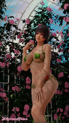 3d 3dloveandpeace black_hair dead_or_alive flower_in_hair flowers large_breasts leaf_bikini leaf_pasties nyotengu purple_eyes voluptuous