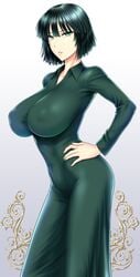 bangs black_hair breasts dress female fubuki_(one-punch_man) green_dress green_eyes hand_on_hip highres huge_breasts long_sleeves looking_at_viewer one-punch_man solo st.germain-sal taut_clothes taut_dress