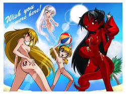 4girls ass ass_tattoo backpussy beach beach_ball bell black_hair bleedman blonde_female blonde_hair blonde_hair_female breasts character_request cleft_of_venus cloud coconut_tree day daytime demon_girl demon_horns feet_out_of_frame female female_only floating grim_tales_from_down_below lens_flare mandy_(grim_tales_from_down_below) medium_breasts mimi_(grim_tales_from_down_below) minimandy multiple_girls nude nude_female open_mouth outdoors photoshop pincers powerpuff_girls_doujinshi pussy red_eyes red_skin small_breasts standing sun very_long_hair webcomic white_border white_hair