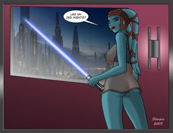 1girls 2008 2d aayla_secura alien alien_girl alien_humanoid alternate_costume areola areolae ass ass_visible_through_clothes babydoll background blue_body blue_skin breasts brown_eyes clothing coruscant dated detailed_background dialogue dress english_text eyebrows eyes female female_only green_lightsaber headgear holding_object holding_sword holding_weapon humanoid indoors jedi jedi_master lamp lekku lightsaber lips lipstick looking_at_viewer looking_back looking_back_at_viewer makeup melee_weapon minidress mixed_media night nightgown nipples nipples_visible_through_clothing no_bra no_panties open_eyes partially_clothed rear_view red_lipstick screencap_background see-through see-through_clothing sharpie_(artist) solo speech_bubble standing star_wars sword talking_to_viewer tentacle_hair text twi'lek watermark weapon window