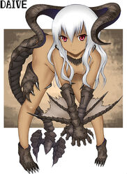 bent_over black_diablos claws daive dark_skin diablos highres horns jewelry long_hair monster_girl monster_hunter necklace nude personification red_eyes tail white_hair