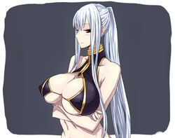 blush breast_hold breasts center_opening cleavage_cutout crossed_arms female female_only huge_breasts inayama large_breasts long_hair ponytail red_eyes sega selvaria_bles silver_hair swimsuit tied_hair underboob valkyria_chronicles valkyria_chronicles_1