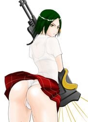 alicia_claus ass bra bullet_witch cameltoe green_eyes green_hair gun lingerie panties pantyshot school_uniform see-through short_hair skirt takada_shinbashi underwear uniform weapon white_panties