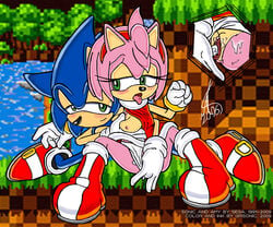 2009 amy_rose anthro blush color female fingering fur furry furry_only green_hill_zone grsonic hedgehog male mammal outdoors sitting sonic_(series) sonic_the_hedgehog straight uekawa_style uncensored