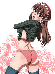 alicia_melchiott ass back blush brown_eyes brown_hair clothing dimples_of_venus long_hair looking_back mokke open_mouth panties red_panties shirt shirt_lift solo stockings thighhighs tied_hair twintails underwear undressing valkyria_chronicles valkyria_chronicles_1