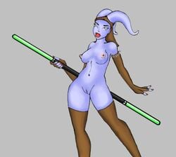 1girls aayla_secura blue_skin female female_only hoaxman jedi lightsaber solo star_wars twi'lek