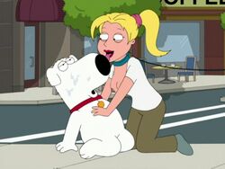 blonde_hair breasts brian_griffin canine collar dog enjoying enjoyment family_guy female holly interspecies leash licking multiverse open_mouth pet petplay screencap screenshot slave