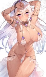 bikini brooch cleavage collar dark-skinned_female dark_elf dark_skin earrings elf hairband highres jewelry large_breasts long_hair looking_at_viewer navel original parted_lips pointy_ears purple_eyes revealing_clothes sideboob skimpy solo sora_72-iro swimsuit thigh_gap wet white_hair