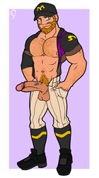 1boy bara beard body_hair clothed erection heimdallr_(smite) human human_only makidotsukashi male male_only muscle pecs penis smite