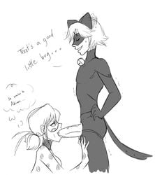 1boy 1girls adrien_agreste bamboogecko big_penis cat_noir chat_noir english_text fellatio huge_cock ladybug_(character) marinette_cheng marinette_dupain-cheng mask miraculous_ladybug oral oral_sex penis tongue_out twintails