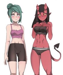 2girls black_shorts cameltoe erica_(skuddbutt) female_only green_hair jourd4n lingerie meru_(merunyaa) multiple_girls petite red_skin straight_hair succubus tight_clothes tight_clothing tight_fit tights