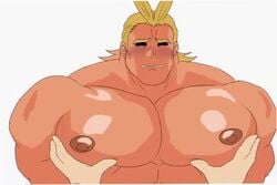 2boys abs all_might animated bara big_breasts big_nipples big_pecs black_eyes blonde blonde_hair blush blushing bottom bouncing_breasts bouncing_pecs breast_grab breast_hold breast_squeeze breast_squish breasts color embarrassed flush flushed gif grabbing_pecs huge_pecs human human_only light-skinned_male light_skin male male/ambiguous male_chest male_focus male_nipples male_only man_boobs manboobs muscle my_hero_academia nipples nude nude_male pec_grab pecs pectoral_grab pectorals pov simple_background skn_nk tan_skin teasing topless toshinori_yagi white_background yaoi yellow_hair