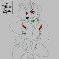 1girls anthro breasts canid_demon demon eyelashes female furry hellhound helluva_boss loona_(helluva_boss) monochrome nipples red_eyes smile solo st._patrick's_day tagme vinylsquad vivienne_medrano