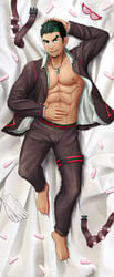 1boy abs bandage_on_cheek bandage_on_nose bandolier bara barefoot beard bulge dark_skin exposed_nipple gloves green_hair hands_behind_head human human_only kyoichi_(live_a_hero) live-a-hero looking_at_viewer lying_on_back male male_only muscle open_jacket open_shirt pecs smile suit tinted_eyewear whistle_around_neck