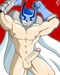 1boy bara cape duel_monster elemental_hero elemental_hero_bubbleman gloves helmet makidotsukashi male male_focus male_only mask muscle penis solo solo_male superhero uncensored yaoi yu-gi-oh! yu-gi-oh!_gx