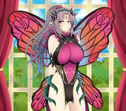 1girls angry bare_arms bare_legs big_breasts fairy fairy_wings fire_emblem fire_emblem_heroes grey_hair large_breasts light_blush long_hair multicolored_hair nintendo plumeria_(fire_emblem) ponytail red_eyes seelenfresserin sideboob solo solo_female window