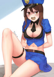 1girls black_bra blush bra bra_cups_sticking_out brown_hair caitlyn_kiramman handcuffs league_of_legends mr_yah no_eyewear officer_caitlyn open_mouth partially_clothed skirt tear