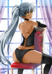 1girls ass ass_cleavage black_corset black_gloves black_lingerie black_panties butt_crack chair choker corset dark-skinned_female dark_skin rwby tan_body the-sinner thighhighs weiss_schnee white_hair