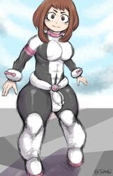 1futa big_ass bodysuit breasts brown_eyes brown_hair futa_only futanari hero_outfit_(mha) my_hero_academia ochako_uraraka penis sideebi solo