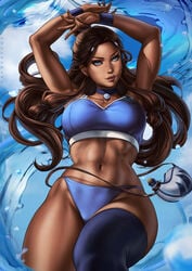 1girls 2021 abs action_pose aged_up alternate_breast_size armpits arms_above_head artist_signature athletic_female avatar_the_last_airbender barely_clothed big_breasts blue_eyes breasts brown_hair busty child_bearing_hips choker cleavage closed_legs clouds cowboy_shot dandon_fuga dark-skinned_female dark_lipstick dark_skin droplet eyeshadow female female_only flowing_hair hair_down hands hands_above_head hourglass_figure huge_breasts katara large_breasts long_hair looking_at_viewer mascara midriff muscles muscular muscular_female navel nickelodeon one_thighhigh panties satchel sky smooth_skin solo sports_bra standing stockings straight_hair swimsuit thick_thighs thin_waist toned toned_female water water_tribe waterbending wristbands