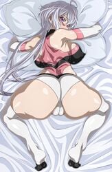 1girls ass backboob big_ass big_breasts big_butt blush breasts covered_nipples erect_nipples_under_clothes female goridou hugging_pillow large_breasts looking_at_viewer looking_back on_bed presenting purple_hair senki_zesshou_symphogear solo thighhighs top-down_bottom-up white_hair yukine_chris