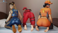 16:9 3d 3d_(artwork) 3girls all_fours artist_logo asian ass bare_shoulders baseball_cap blender blue_clothing brown_eyes brown_hair butt cap capcom chun-li chun-li_(fortnite) clothed crossover dark-skinned_female darkbahamuth double_bun epic_games fastball female female_only fortnite kneeling long_sleeves midriff_peek on_bed orange_clothing patreon_username petite pigtails presenting_ass red_clothing red_lipstick ruby_(fortnite) short_sleeves sleeveless_shirt street_fighter tagme twitter_logo twitter_username