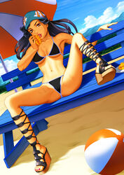 beach bench bikini black_hair headscarf jojo's_bizarre_adventure jojolion karera_sakunami legendarysoulii legs_apart lips long_hair looking_at_viewer mango nail_polish orange_eyes sandals sitting umbrella