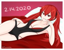 1girls alternate_costume female female_only fire_emblem fire_emblem_fates flameckl laying_on_bed nintendo on_side red_eyes red_hair red_underwear seductive seductive_smile severa_(fire_emblem) skimpy_clothes solo solo_female teasing undressing