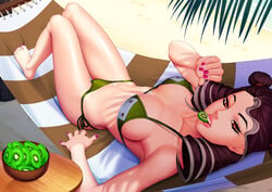 beach bikini black_hair eating hair_buns hammock higashikata_kaato jojo's_bizarre_adventure jojolion kiwi legendarysoulii lips looking_at_viewer milf nail_polish orange_eyes shoulder_length_hair