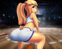 1girls anthro basketball basketball_uniform blonde_hair blue_eyes bunny_ears bunny_girl bunny_tail cuadraws female female_only furry lola_bunny looking_at_viewer looney_tunes no_humans presenting presenting_hindquarters solo space_jam sportswear warner_brothers