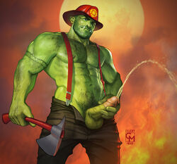 1boy abs axe balls ballsack beard_stubble beefy biceps blue_eyes celery_man6 circumcised circumcision_scar dirty facial_hair feet_out_of_frame fire firefighter from_below green_penis green_skin half-dressed holding_object humanoid humanoid_penis jockstrap looking_at_viewer looking_down male male_nipples male_only male_pubic_hair masculine mature_male muscular_male open_pants orc orc_male pecs pee peeing penis penis_out pubes scar scrotum shirtless shirtless_(male) smooth_skinned_male solo solo_male stubble suspenders sweat tattoo tattoo_on_arm tattooed_arm teeth_showing testicles thick_penis thick_thighs topless tusks urine veiny veiny_muscles veiny_penis