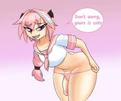 1boy astolfo_(fate) crossdressing cuadraws dialogue fate/grand_order fate_(series) femboy flaccid girly hung_trap josou_seme large_penis looking_at_viewer male male_only oerba_yun_fang panties penis penis_out pink_eyes pink_hair pink_panties presenting_penis sissy talking_to_viewer trap undressing wide_hips