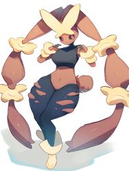 brown_body brown_skin clothed clothing female female_only game_freak lopunny mega_lopunny nintendo pokémon_(species) pokemon pokemon_(species) red_eyes ripped_pants simple_background solo_female tagme thick_thighs unknown_artist unrevealed_breasts white_background wide_hips