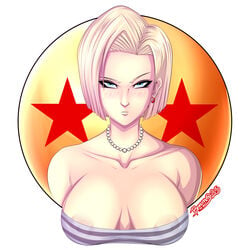 1girls android_18 bemannen blonde_hair blue_eyes cleavage curvy dragon_ball erect_nipples female huge_areolae huge_breasts puffy_nipples short_hair thick_lips voluptuous