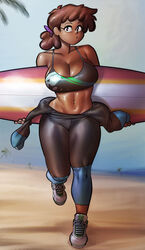 1girls amphibia big_breasts breasts cleavage dark-skinned_female dark_skin disney female female_only large_breasts looking_at_viewer mrs._boonchuy oum_boonchuy ph solo straight_hair surfboard wetsuit_pulled_down younger