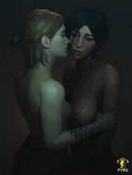 2girls 3d areolae athletic athletic_female big_breasts breasts brown_hair busty crossover ellie_(the_last_of_us) ellie_williams female female_only hourglass_figure human lara_croft lara_croft_(survivor) long_hair medium_breasts multiple_girls naughty_dog nipple_piercing nipples no_eyewear nude nude_female nudity pale_skin piercing pyro_(artist) shiny_skin sweat tattoo the_last_of_us the_last_of_us_2 tied_hair tomb_raider wide_hips yuri