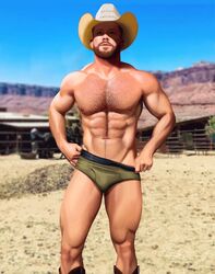 1boy abs bara beard biceps blue_sky blurry_background body_hair boots brown_hair bulge chest_hair cowboy cowboy_hat erect_nipples facial_hair gabo_artist green_underwear hairy_chest hairy_male human human_only looking_up male male_chest male_focus male_nipples male_only mature mature_male muscle muscles muscular muscular_male muscular_thighs onlyfans_model outside pecs pectorals ranch_house real_person realistic rimrock six_pack solo solo_focus solo_male standing tan tan_body tan_skin thick_thighs topless trace_trainer underwear underwear_only undressing_self